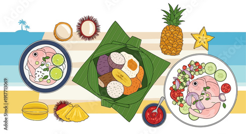 Exotic Fruit and Seafood Dishes on Tropical Beach with Ocean and Palm Tree