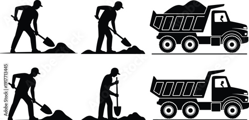 Black silhouettes of construction workers shoveling soil and heavy dump trucks operating on site, isolated on white background for industrial and labor themed designs.