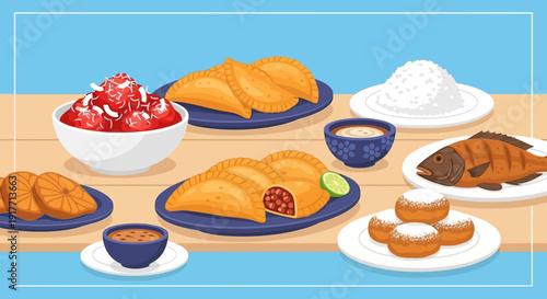 Delicious Food Assortment Empanadas, Fish, Rice, and Sweet Treats Galore
