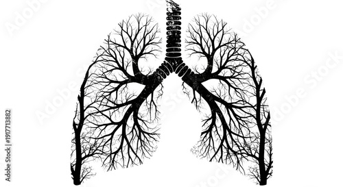 Silhouette of human lungs formed by intricate bare tree branches representing respiratory health and environment