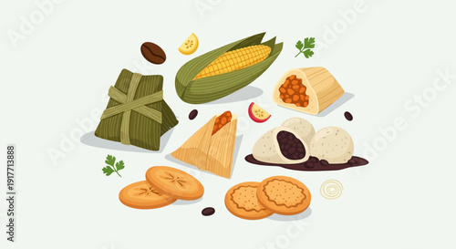 Delicious variety of traditional food items and ingredients art illustration