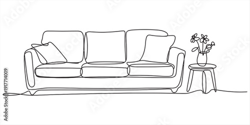 Minimalist one line art of a comfortable three seater sofa with a vase on a side table. Vector, illustration