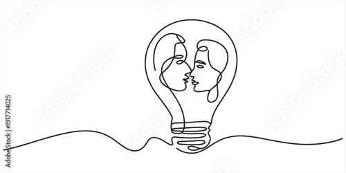Minimalist continuous line drawing of a light bulb with two faces inside it facing each other. Vector, illustration