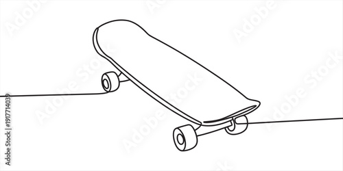 Simple line drawing of a skateboard on a white background with thin black outlines. Vector, illustration