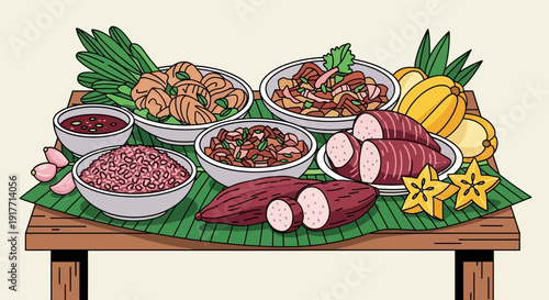A Colorful Variety of Delicious Food and Fresh Produce on a Table