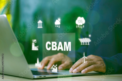 CBAM Carbon Border Adjustment Mechanism Concept with Climate Policy, Carbon Emission Control and Green Trade Regulation.