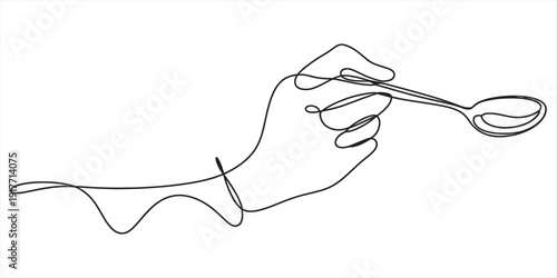 Minimalist continuous line drawing of a human hand holding a small spoon for eating. Vector, illustration