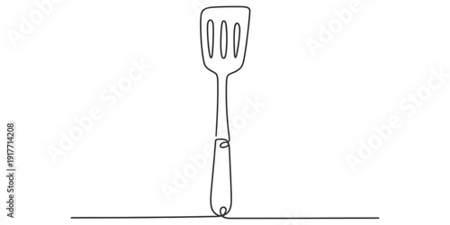 Simple black and white continuous line drawing of a kitchen spatula used for cooking and flipping food. Vector, illustration