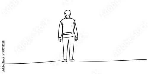 Simple line drawing of a man standing alone and looking towards the horizon in a minimalist style. Vector, illustration