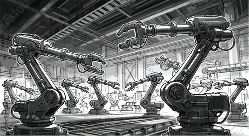 Industrial robotic arms manufacturing factory sketch art