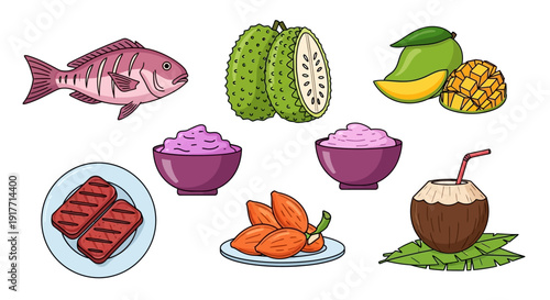 Fresh Tropical Food Assortment Featuring Fish, Fruits, and Grilled Meat