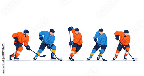 Cartoon illustration of ice hockey players with pucks and sticks in action. Isolated on white. Perfect for sport designs, team logos, branding, and marketing materials.
