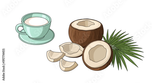 Healthy Coconut Milk and Fresh Coconut Pieces with Green Leaf Illustration