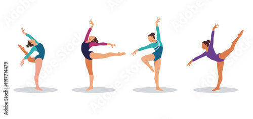 Illustration of four graceful gymnasts in different poses, showcasing flexibility and athleticism. Ideal for health, fitness, sports, or children related content.