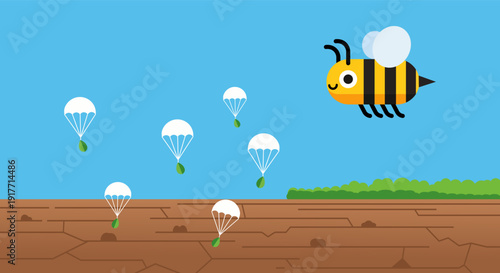 cartoon bee flying over cracked earth with parachuting leaves for planting