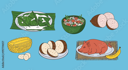 Variety of Traditional Filipino Food Dishes and Ingredients Illustration