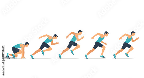 Illustration of a runner starting and accelerating through different stages of a race. Clean, professional design suitable for sports, health, or instructional materials.
