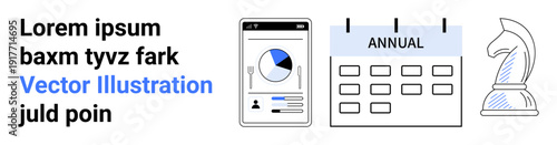 Business planning, strategic management, market analysis, professional organization, decision-making, digital tools. Mobile phone with data chart, calendar labeled Annual and chess piece. Business