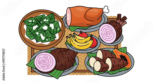 Delicious Filipino Food Platter With Roasted Pig, Taro, Papaya, And Bananas