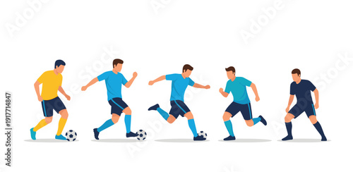 Vector illustration depicting soccer players in various actions like dribbling and running. Suitable for sports, fitness, team, training, or competition-related projects and designs.