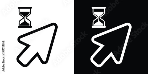 Solid black and white arrow cursor with an hourglass loading symbol. Indicates background processing, waiting time, or system busy status. Professional vector for digital user experience.