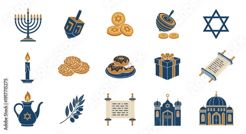 Mid Century Modern Set of 15 Hanukkah Festival Vector Silhouettes in Rich Blues and Golds. transparent.