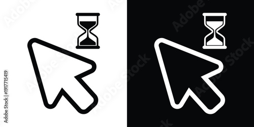 Solid black and white arrow cursor with an hourglass loading symbol. Indicates background processing, waiting time, or system busy status. Professional vector for digital user experience.