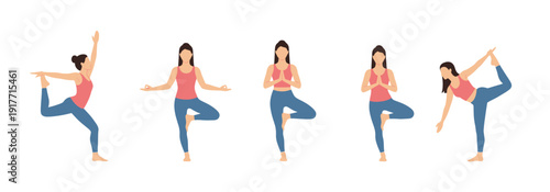 Illustrated woman in different yoga positions isolated on white background. Great for fitness, meditation, wellness, and healthy lifestyle-related content.