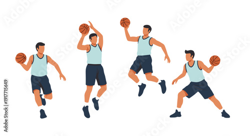 Four basketball player illustrations on white. Shows dribbling, jumping, passing. Perfect for sports marketing, coaching materials, and graphic design projects.