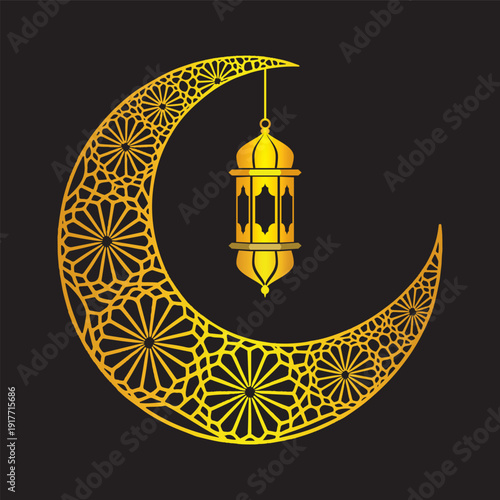 Golden Crescent Moon with Hanging Lantern Ramadan Islamic Vector Design