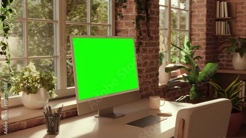 All-in-One Computer Screen Mockup Dynamic Camera Left Perspective Movement – Speed Ramp Camera Move, Chroma Key Green Display in Bright Loft Office Interior. Tracking Clip Included