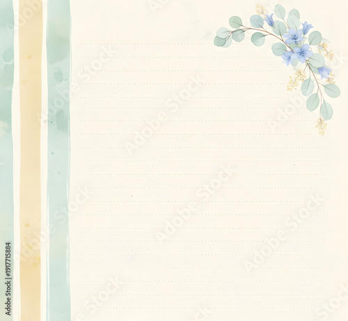 Watercolor Eucalyptus and Blue Floral Journal Page, Stationery Template with Dotted Lines and Vertical Stripes
