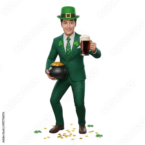 A leprechaun holding a beer mug and a pot of gold