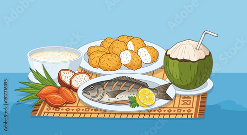 Delicious Tropical Meal Featuring Grilled Fish, Coconut Water and Fried Delicacies