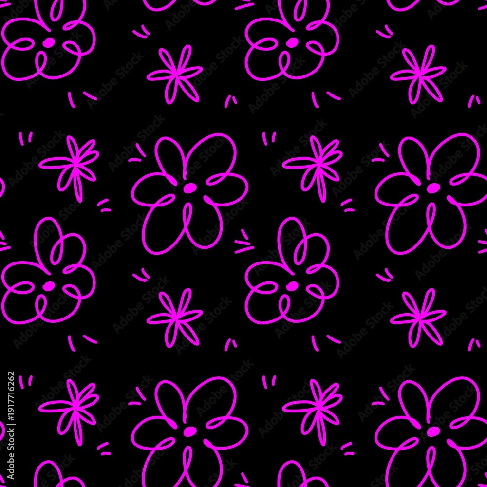Fototapeta premium Neon Pink Tropical Flower Doodle Seamless Pattern on Black