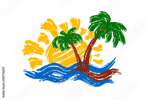 A pixel symbol of tropical island with sun dawn.