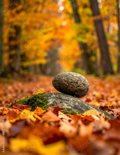 Stone balance in a forest, surrounded by fallen orange and brown leaves, blurred background