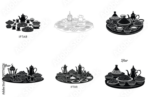 Ramadan Iftar Traditional Food and Drink Vector Illustration Set