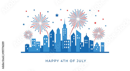American city skyline on 4th of July, Happy 4th of July vector illustration with fireworks and cityscape. Includes patriotic celebration scene. Created in flat style with red, white and blue colors