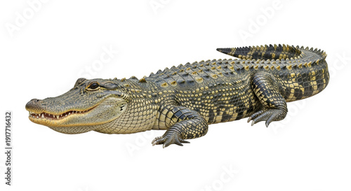 Isolated alligator resting, scaly reptile with armor skin, powerful predator, side view