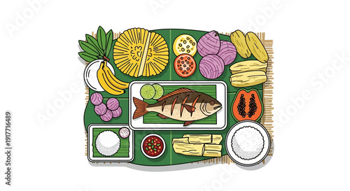 Illustration of a delicious, healthy meal with fish, fruits, and vegetables on a platter