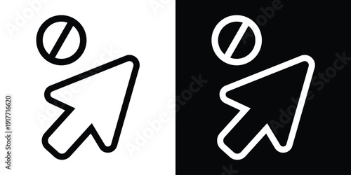 Mouse cursor icon with a prohibited stop sign. Represents restricted access, error, or disabled actions. Minimalist black and white vector graphic for web UI and interface error states.