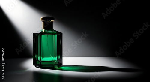 Green glass perfume bottle with silver cap in spotlight on dark background