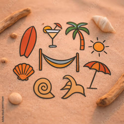 Digital art of summer vacation elements on sandy surface with beach theme for commercial use