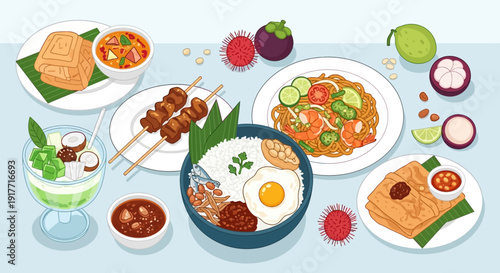 Delicious Asian Food Spread with Variety of Dishes and Fruits Collection