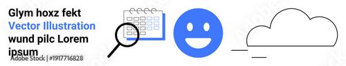 Productivity tools, communication , scheduling, happiness, digital search, cloud storage. Icons include a calendar, magnifying glass smiling face and a cloud. Productivity and communication