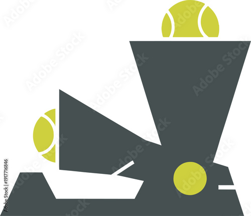 Professional color vector illustration of a tennis ball machine with multiple yellow balls. High-quality athletic practice equipment design ideal for tennis club branding and sports training graphic.