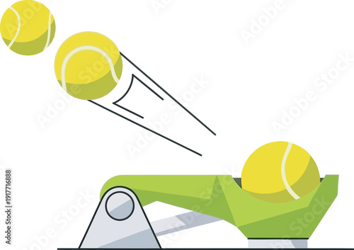 Professional color vector illustration of an automated tennis ball machine launching a ball. High-quality athletic equipment design ideal for tennis club branding and sports training graphic assets.