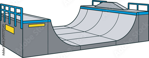 Professional 3D vector illustration of a grey skateboard halfpipe ramp with blue railings. High-quality skate park equipment design ideal for extreme sports branding and urban recreation graphic asset