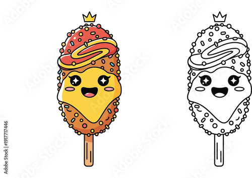 Cute kawaii corn dog cartoon character vector illustration with coloring page outline. Funny fast food snack mascot with crown and sprinkles for kids education, sticker, or menu design.